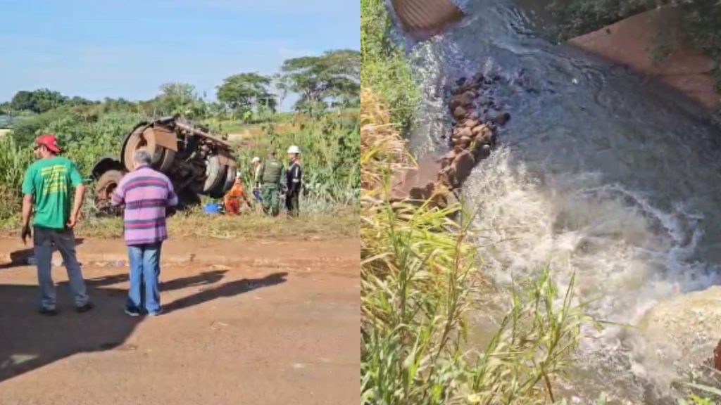 Carreta carregada com 20 mil litros de produtos químicos tomba e contamina córrego em MG